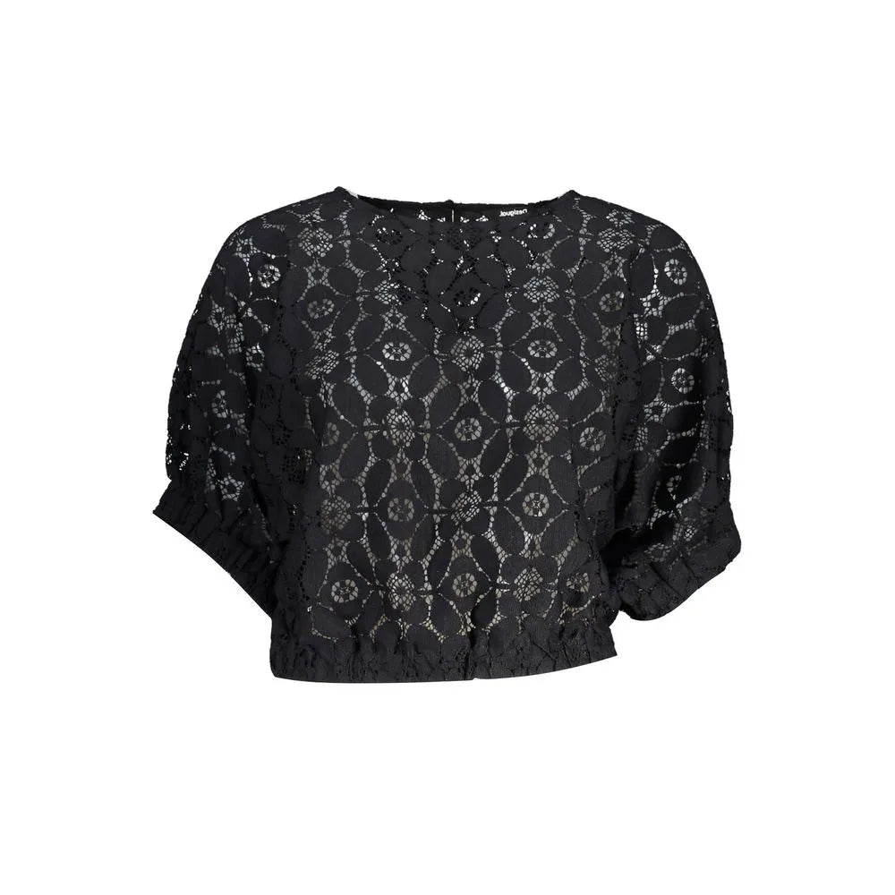 DESIGUAL black polyester lace blouse with short batwing sleeves, round neck, and elastic waistband.