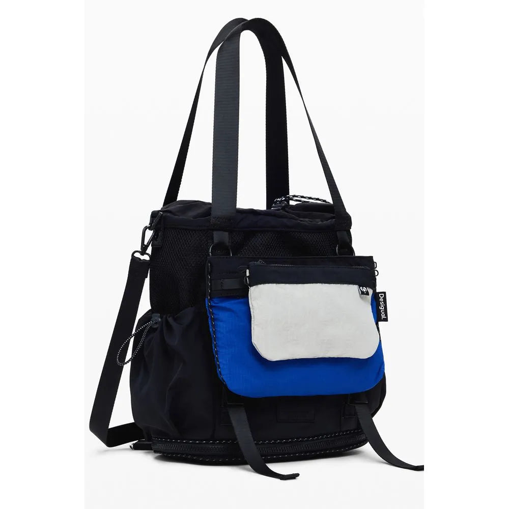DESIGUAL black polyester convertible bag with blue, textured white front pockets, mesh sides, and adjustable straps.