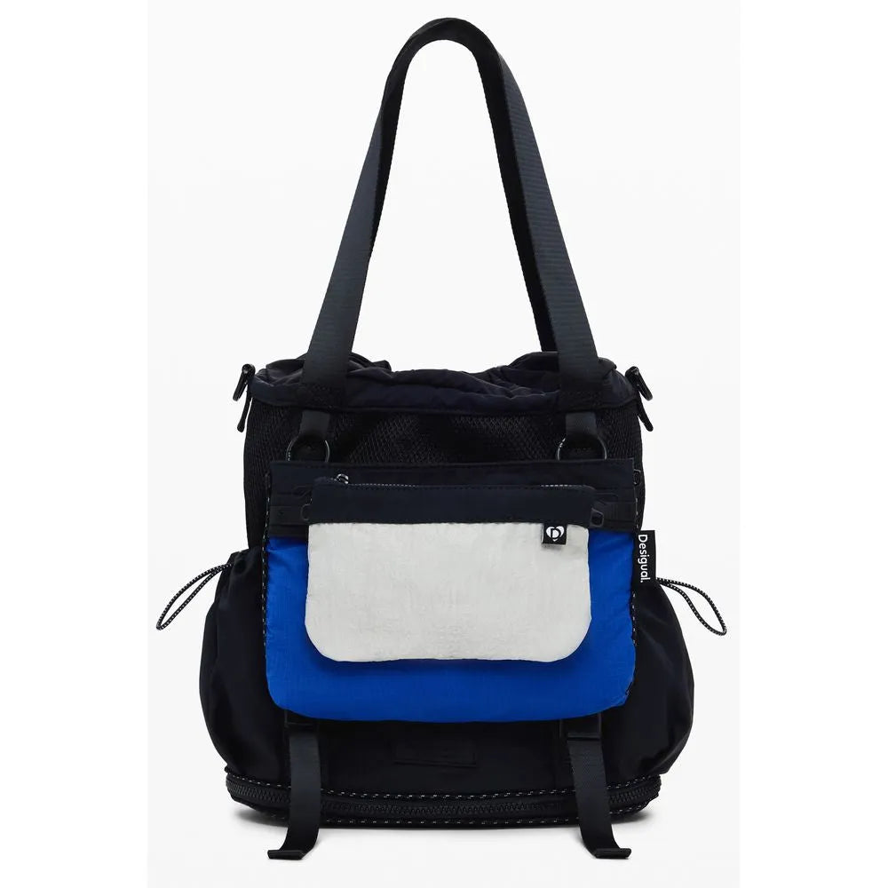 Black polyester Desigual convertible bag with a textured white and blue front panel, multiple pockets, and adjustable straps.