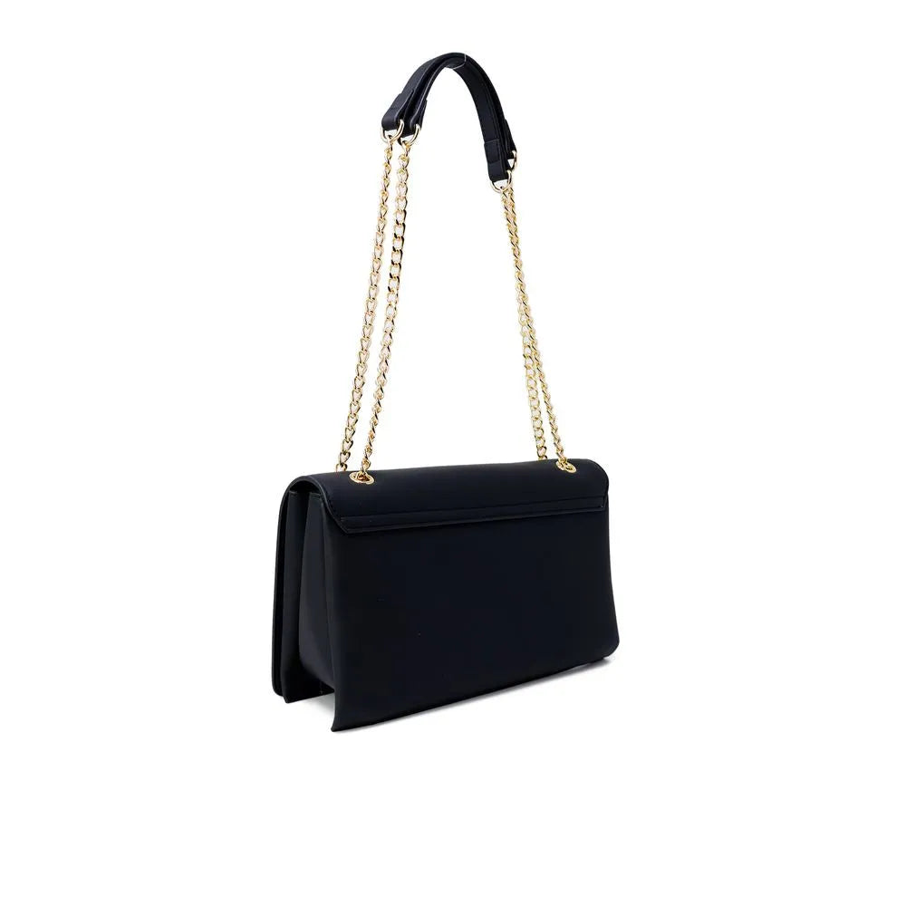 Love Moschino medium black eco-leather shoulder bag with gold-tone chain strap and flap closure.