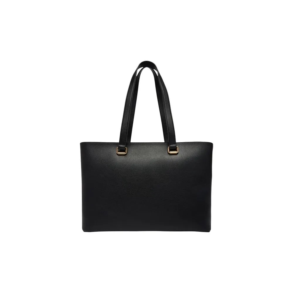 Love Moschino large black polyurethane shopper bag featuring two top handles with gold-tone hardware.