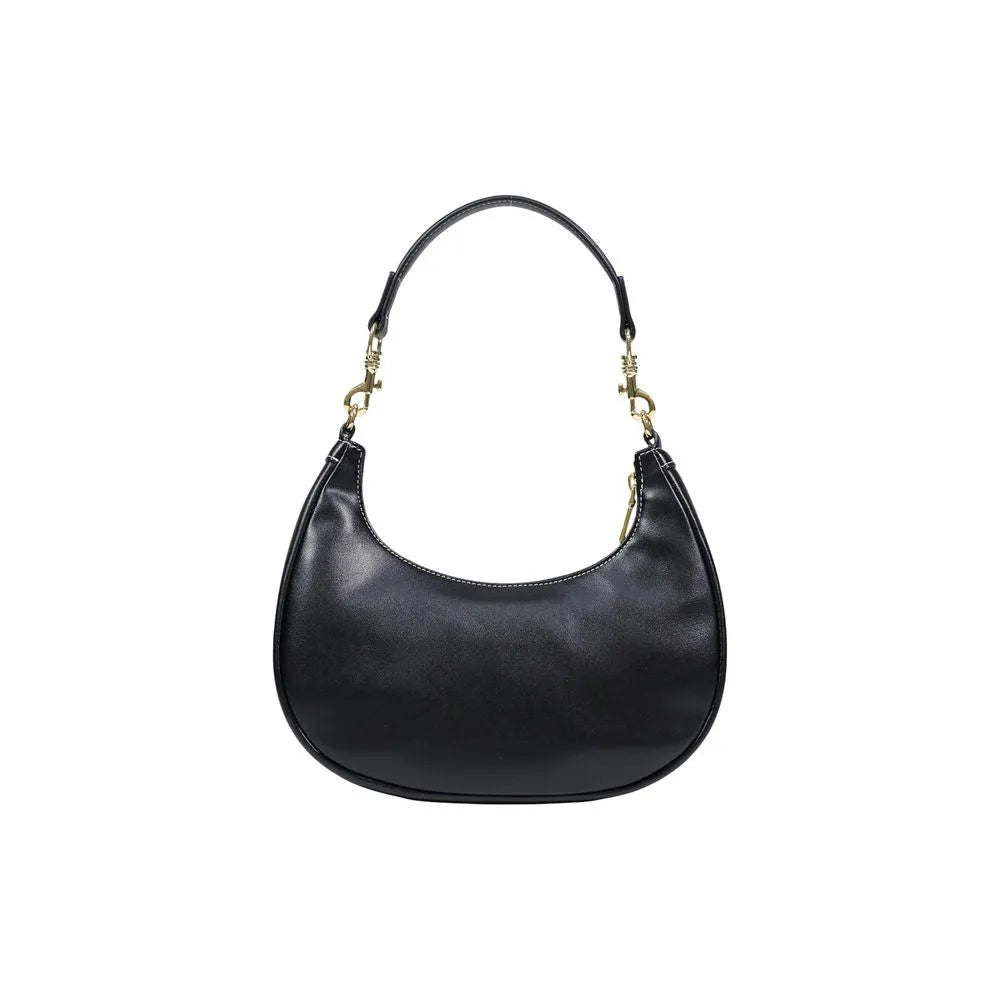 Black polyurethane crescent shoulder bag with gold-tone hardware and white stitching.