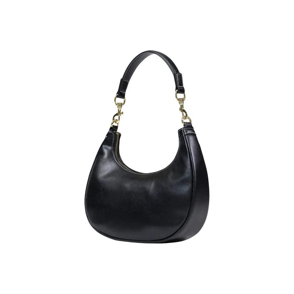 Black polyurethane shoulder bag with gold-tone hardware and white stitching.