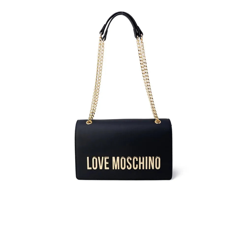 Black Love Moschino medium eco-leather handbag with gold chain strap and 'LOVE MOSCHINO' logo.