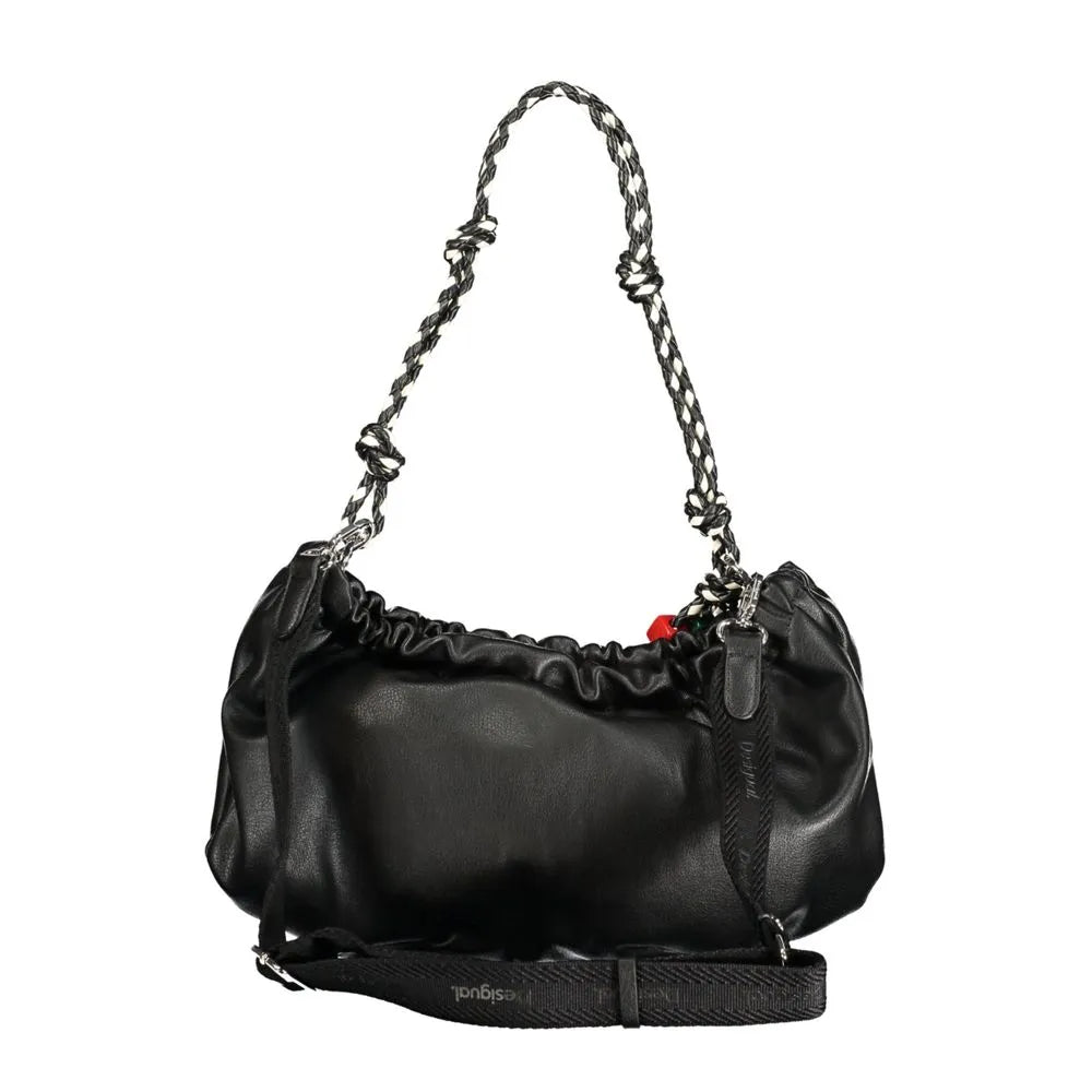 Black Desigual polyurethane handbag with gathered top, braided shoulder strap, and logo adjustable cross-body strap.
