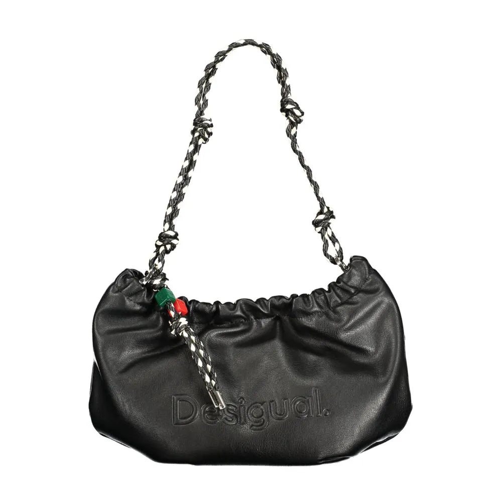 Black polyurethane Desigual handbag with gathered top, braided black & white strap, and colorful beaded pull.
