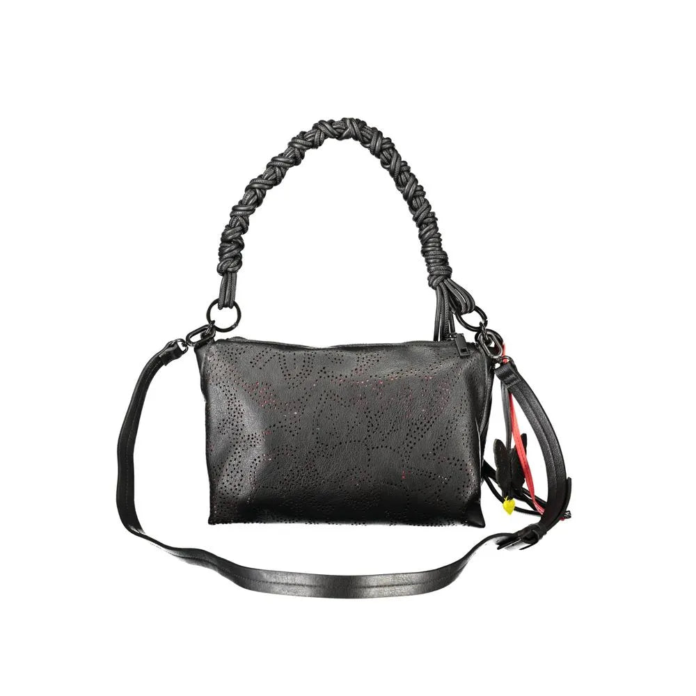 Black polyurethane women's handbag with braided shoulder handle, perforated design, adjustable strap, and colorful keyring.