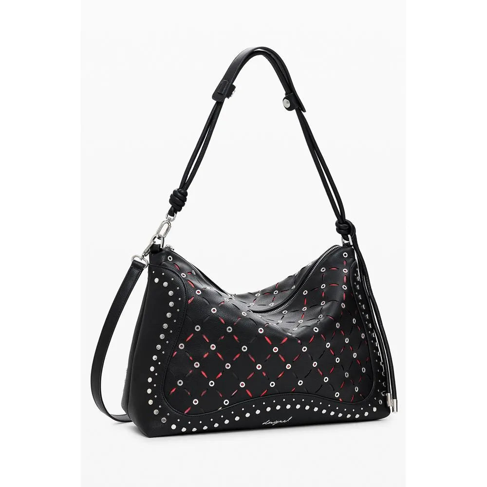 Desigual black polyurethane mini bag with red woven pattern, silver studs, and removable shoulder strap.
