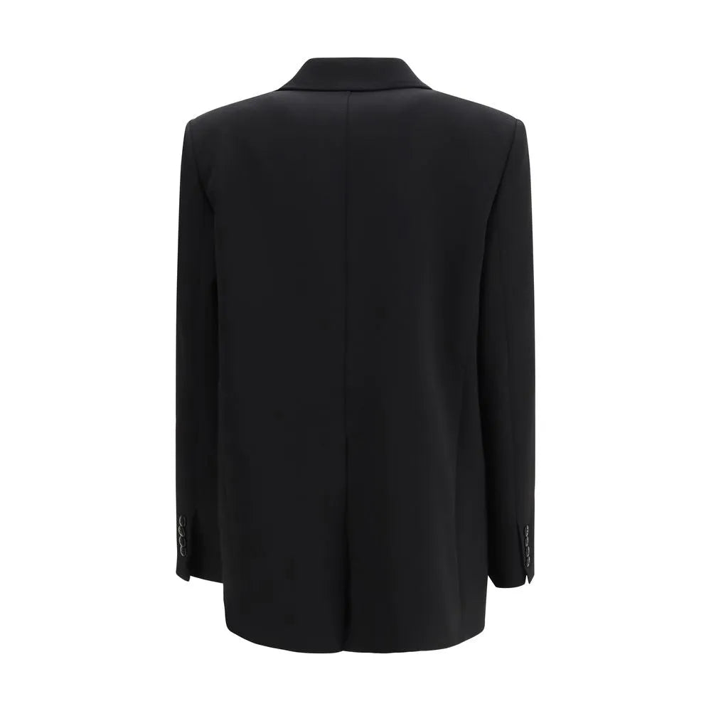 Black triacetate blazer, regular fit, showing central back vent and buttoned cuffs.