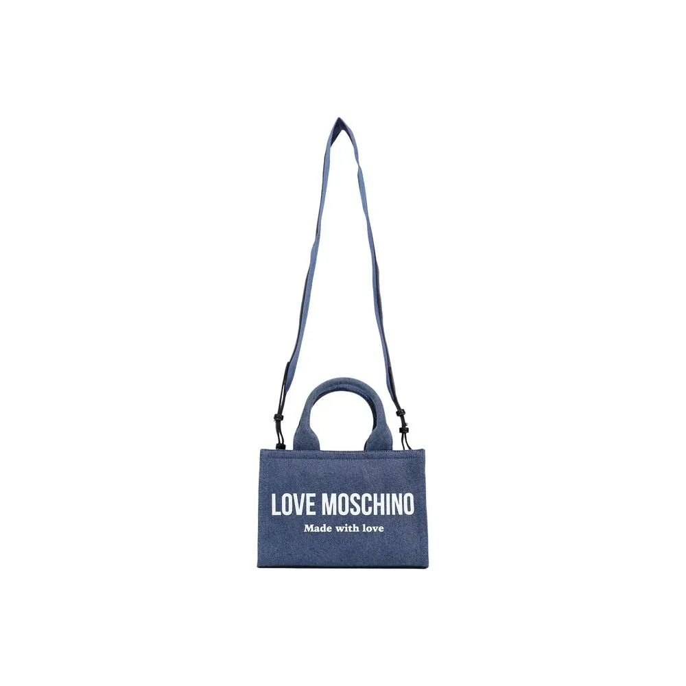 Blue cotton blend Love Moschino handbag with top handles, shoulder strap, and white logo print.