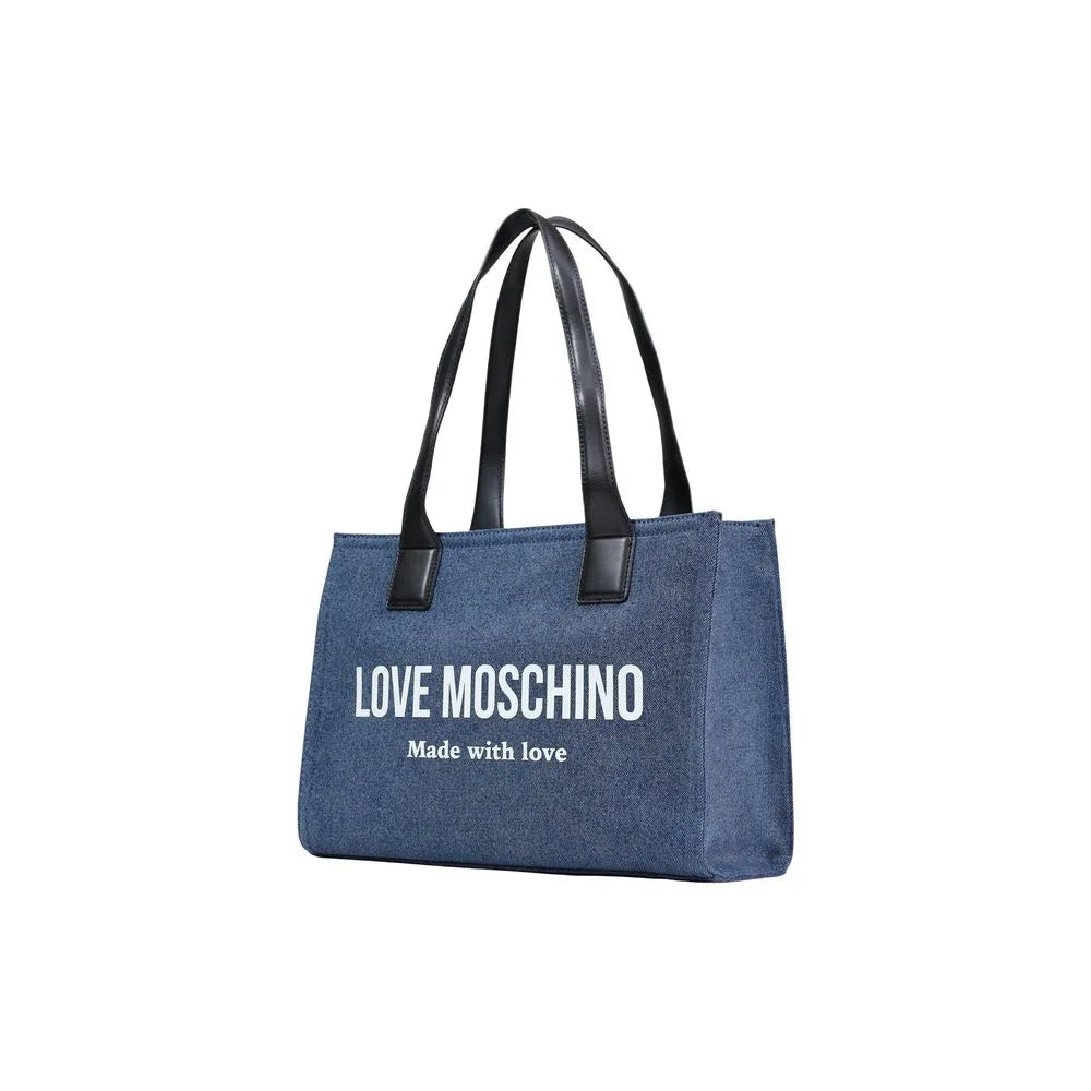 Love Moschino blue denim-effect cotton tote bag with black faux leather handles and white "LOVE MOSCHINO Made with love" logo.