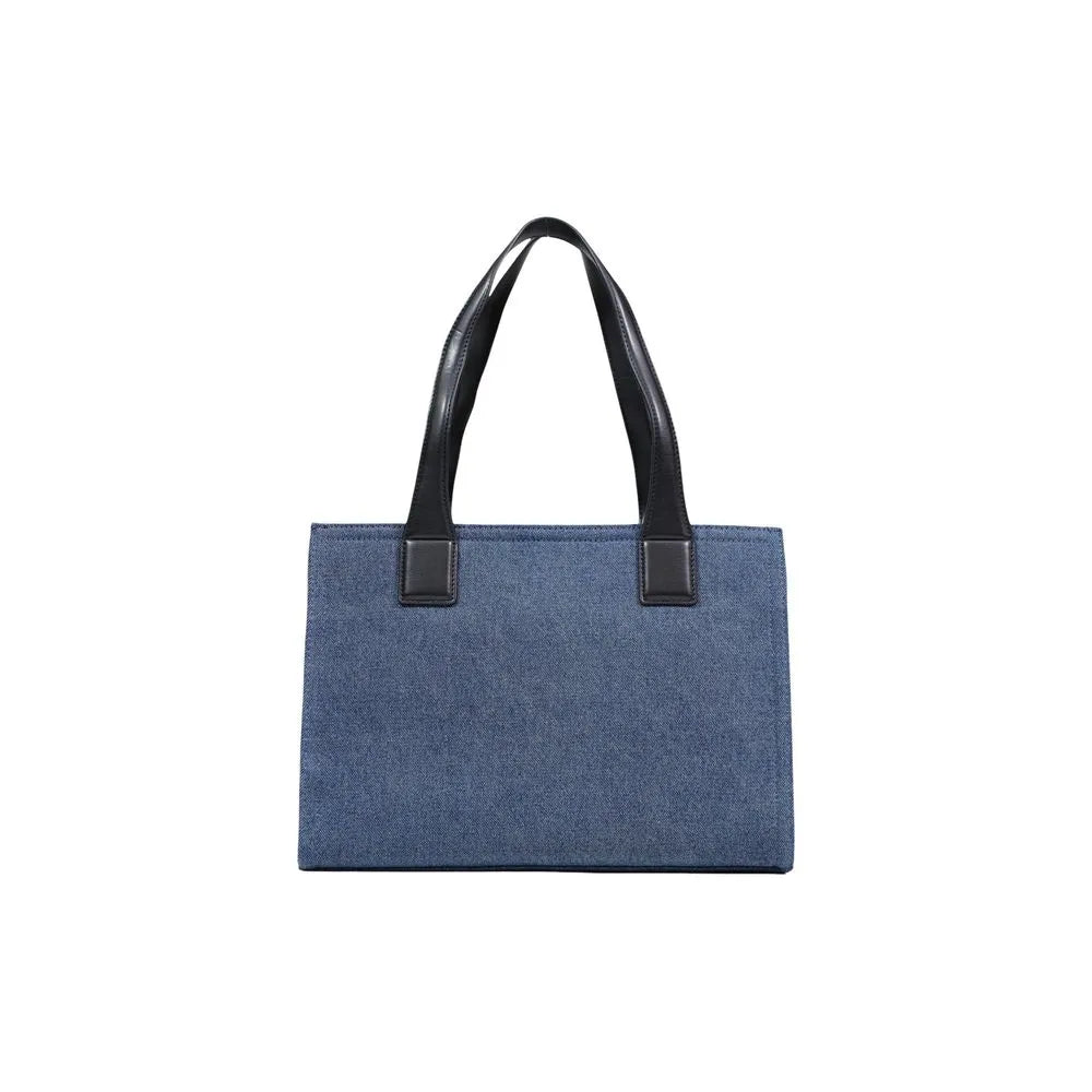 Blue denim-effect cotton blend handbag with two black faux leather top handles.