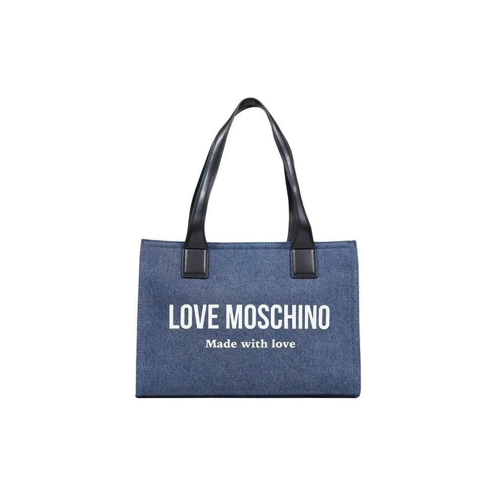 Love Moschino blue cotton blend tote bag with black faux leather handles, white logo, and "Made with love" print.