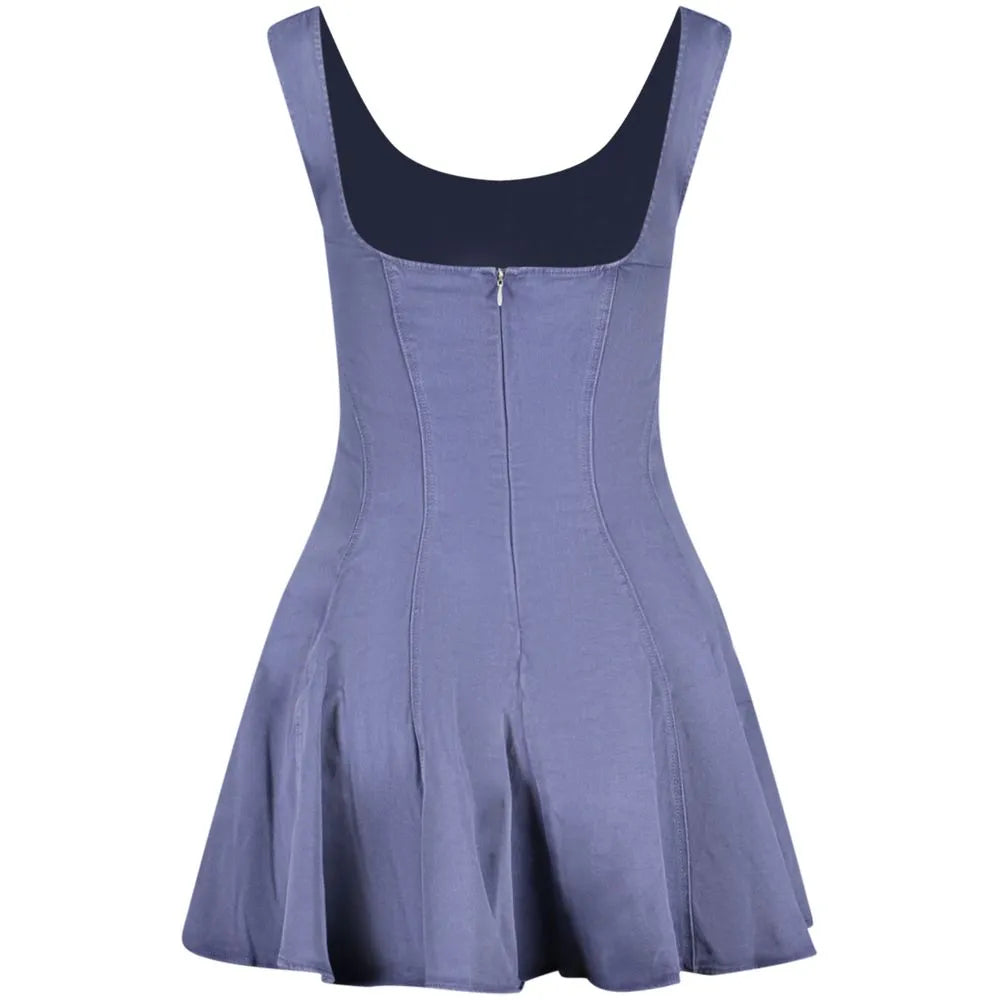 Blue cotton blend women's skater dress, back view with square neckline and full zipper.