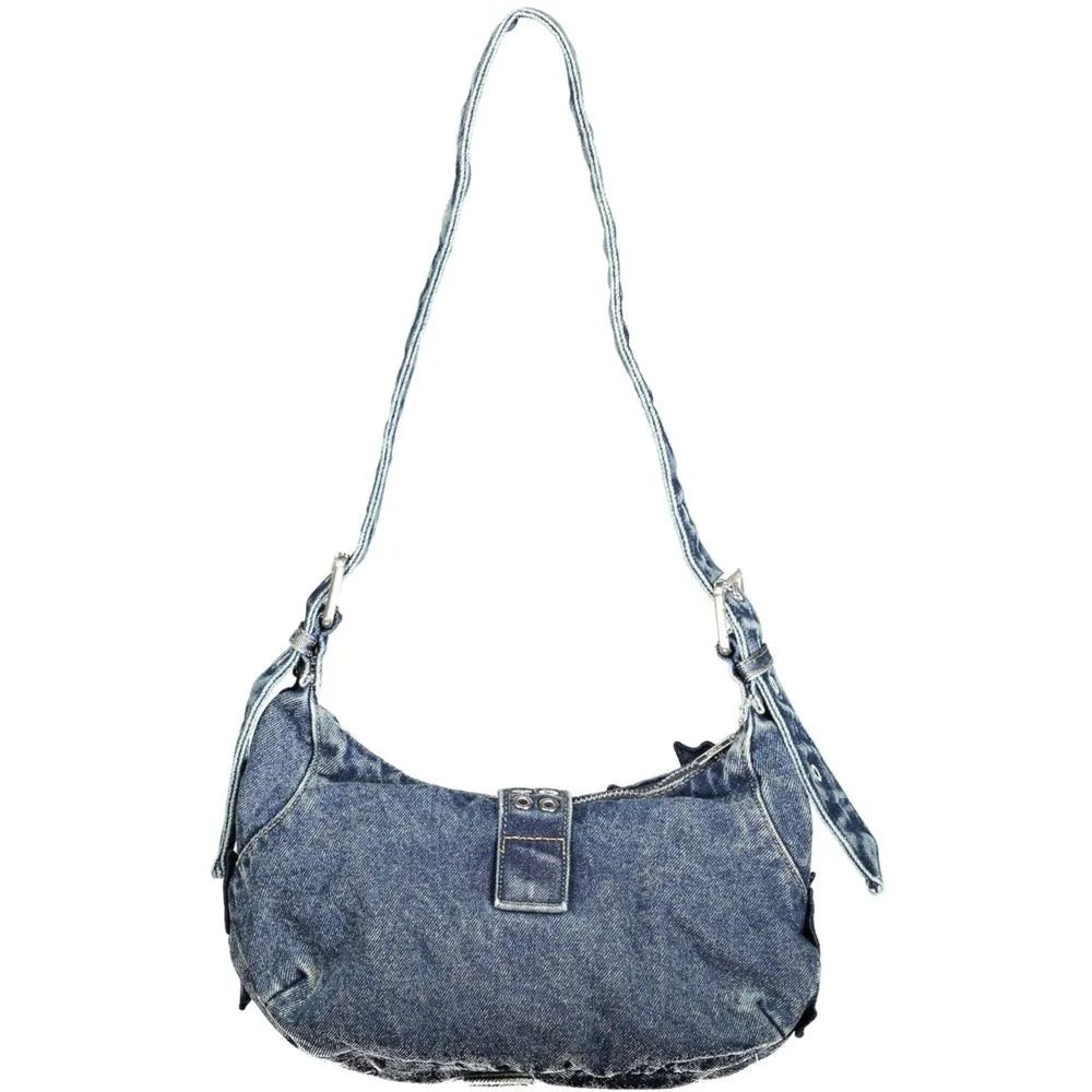 Blue cotton denim women's shoulder bag with adjustable strap, crescent shape, and front buckle.