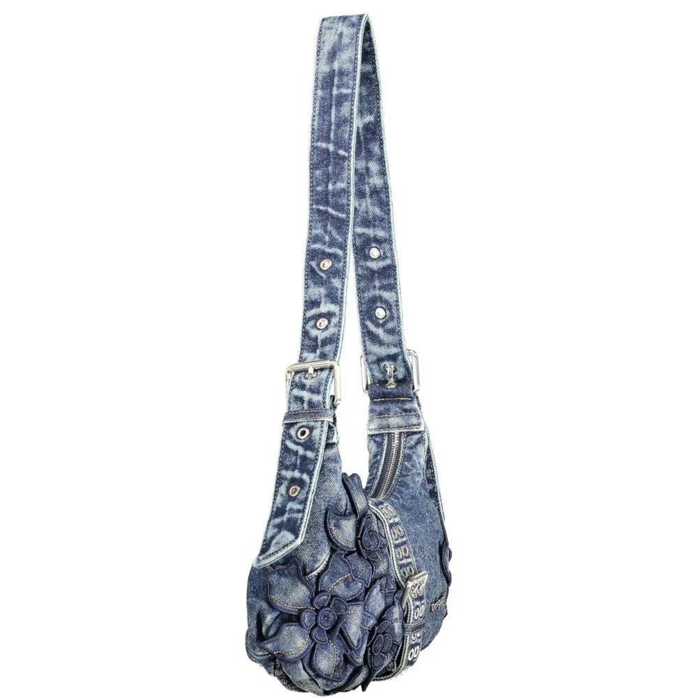 Blue Desigual cotton denim shoulder bag for women, with distinctive textured floral design and adjustable strap.