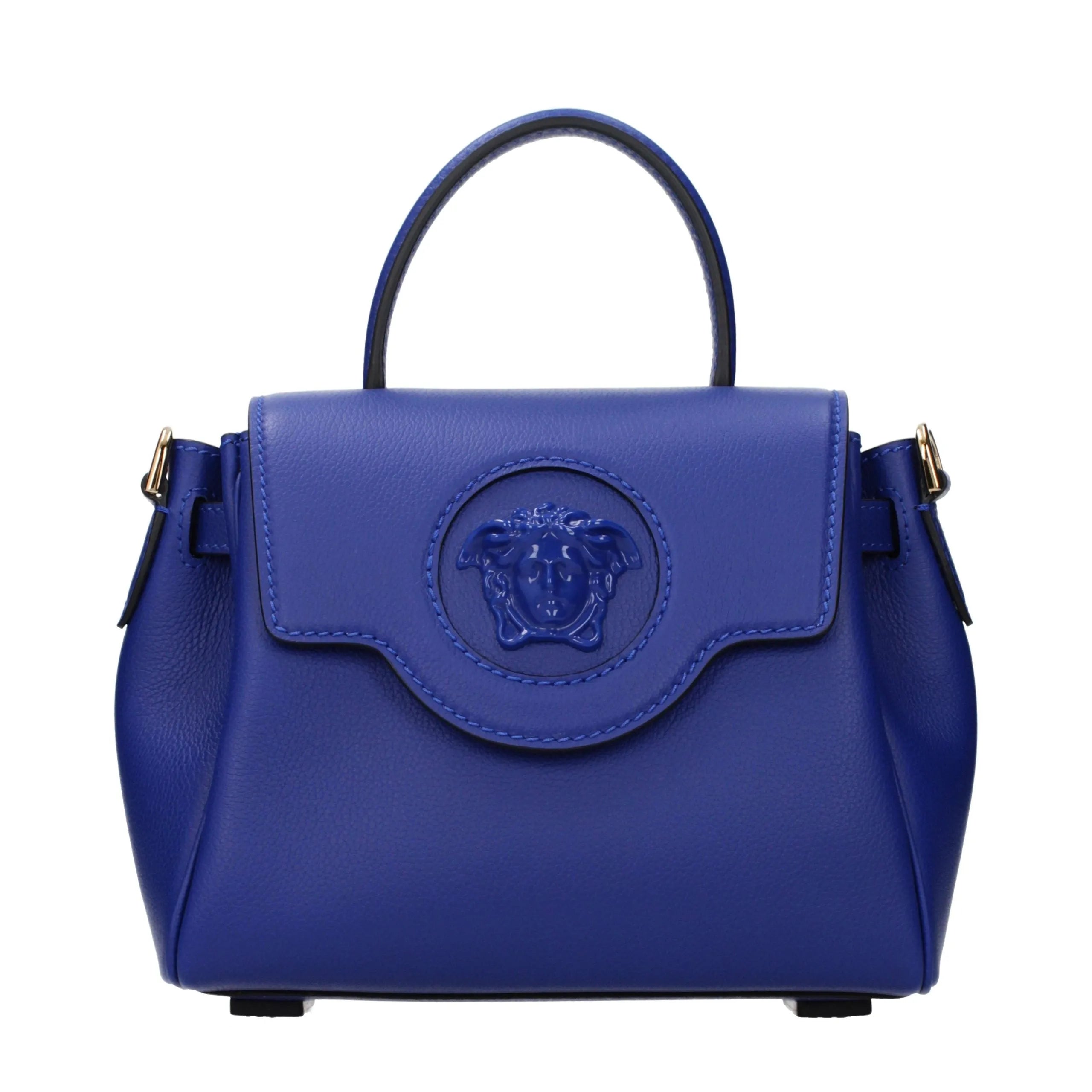Versace blue leather handbag with embossed Medusa head on front flap, top handle, and gold hardware.