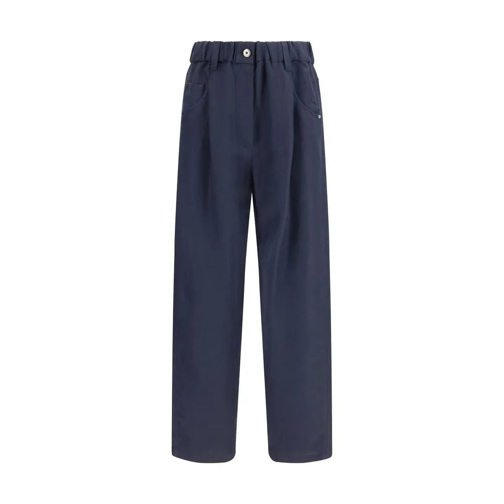 Blue viscose-linen blend casual pants with elasticated waistband, front button, and belt loops.