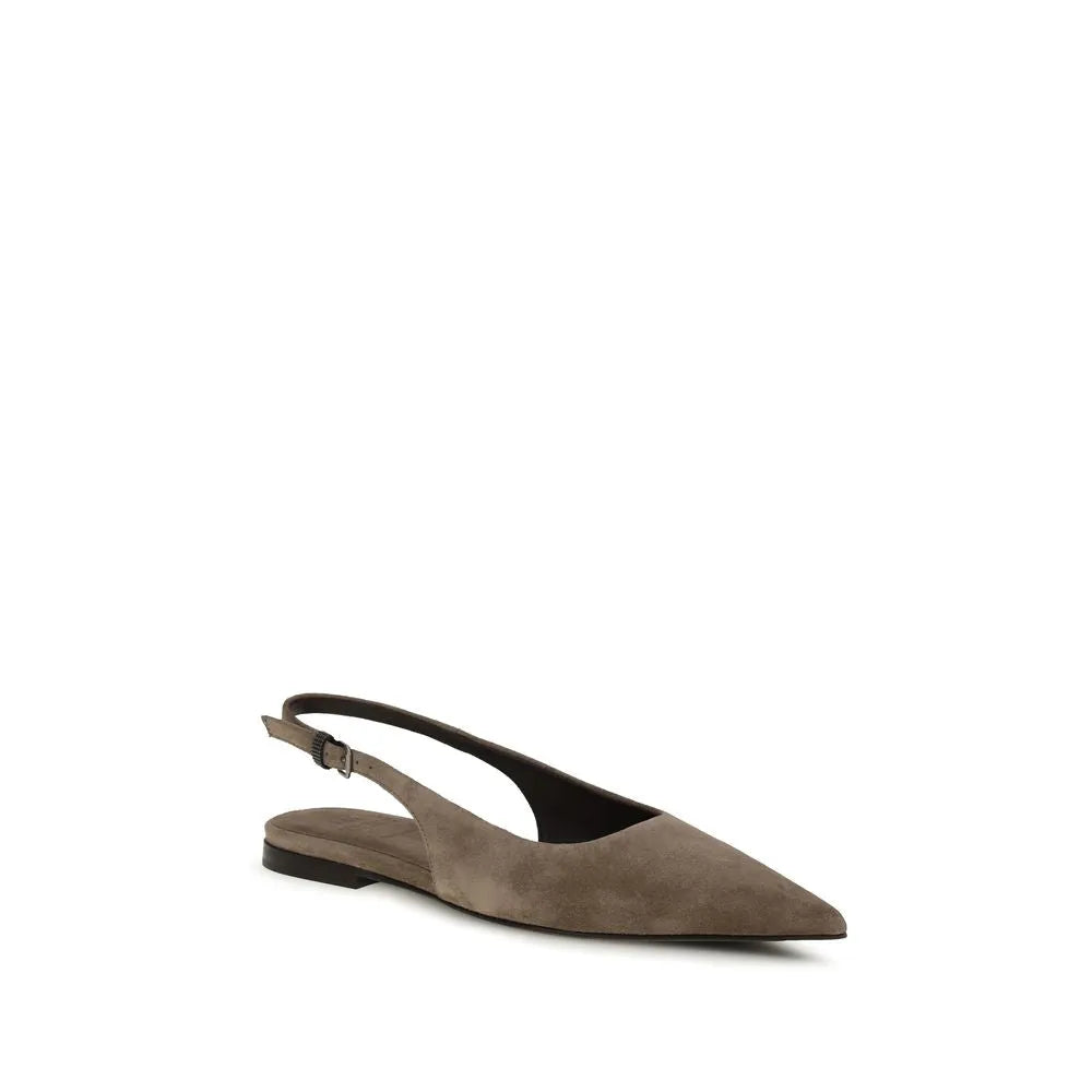 Taupe suede slingback ballet flats with pointed toe and adjustable buckle.