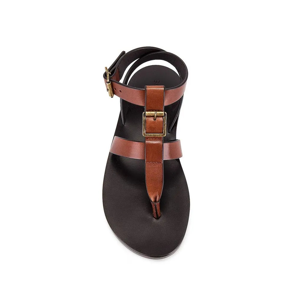 Women's brown calfskin flip-flop sandals with brass-tone buckles and ankle strap.
