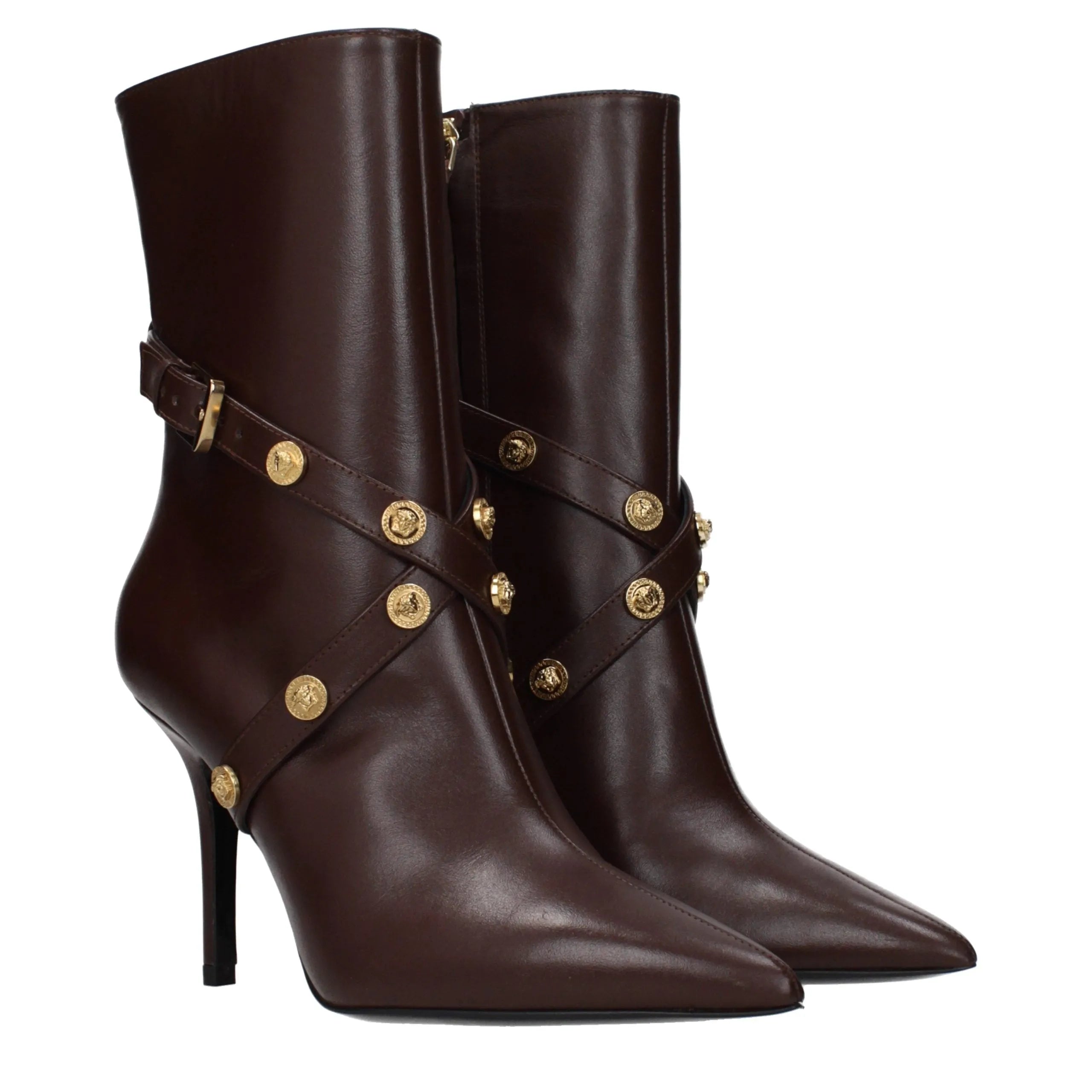 Versace chocolate brown leather ankle boots, pointy toe, 9cm stiletto heel, gold Medusa button straps.