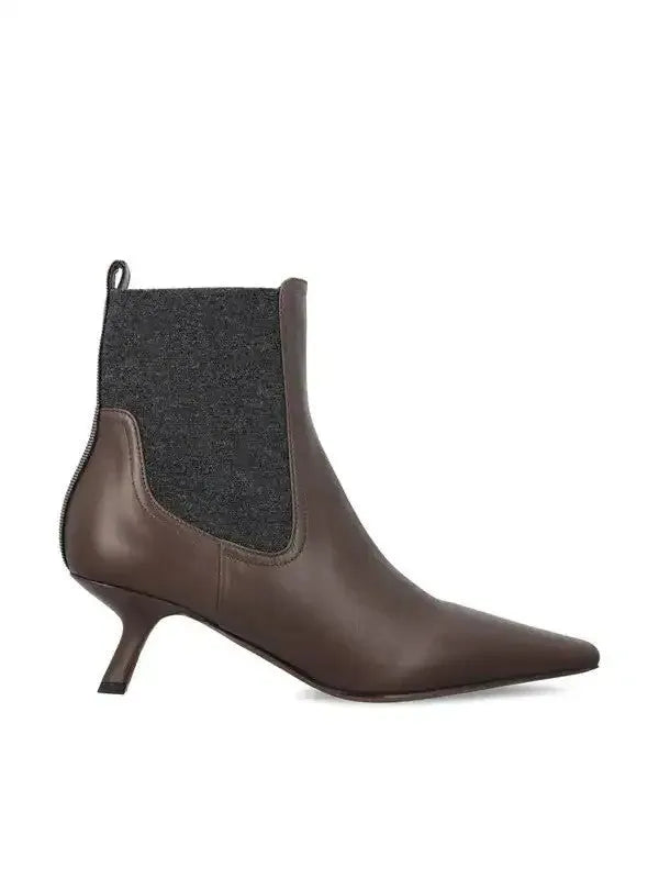 Brunello Cucinelli women's Moor's Head leather ankle boots with pointed toe, grey elastic panel, and unique sculpted heel.