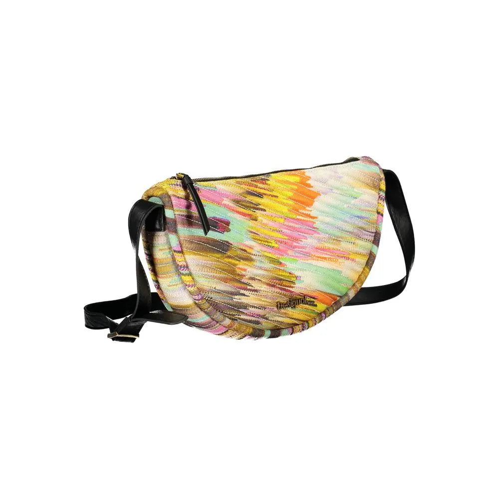 Desigual giallo polyester shoulder bag with vibrant multi-color abstract pattern, black adjustable strap, and zip.