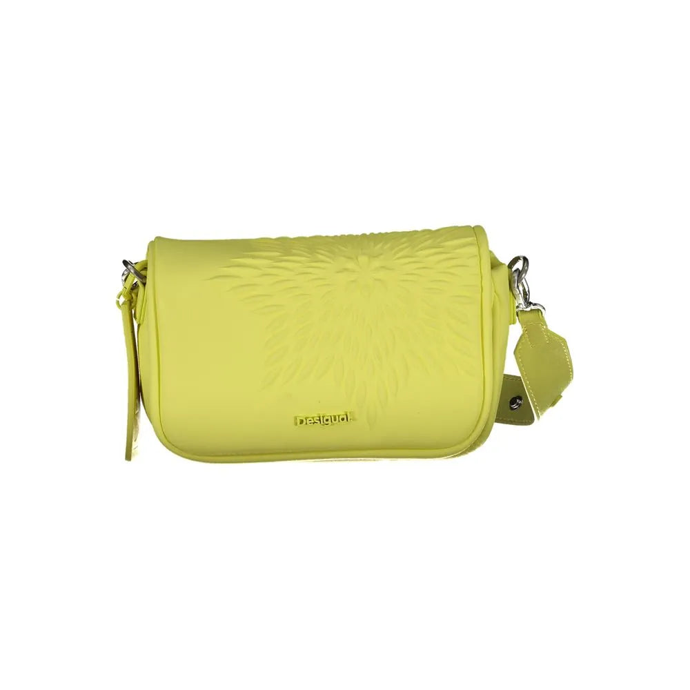 Vibrant lime green polyurethane Desigual women's handbag with embossed floral design, logo, and removable shoulder strap.