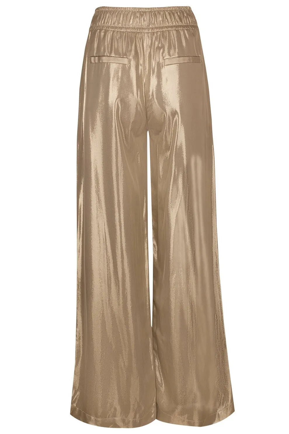Lustrous gold viscose wide-leg casual pants with elastic waist and back pockets.