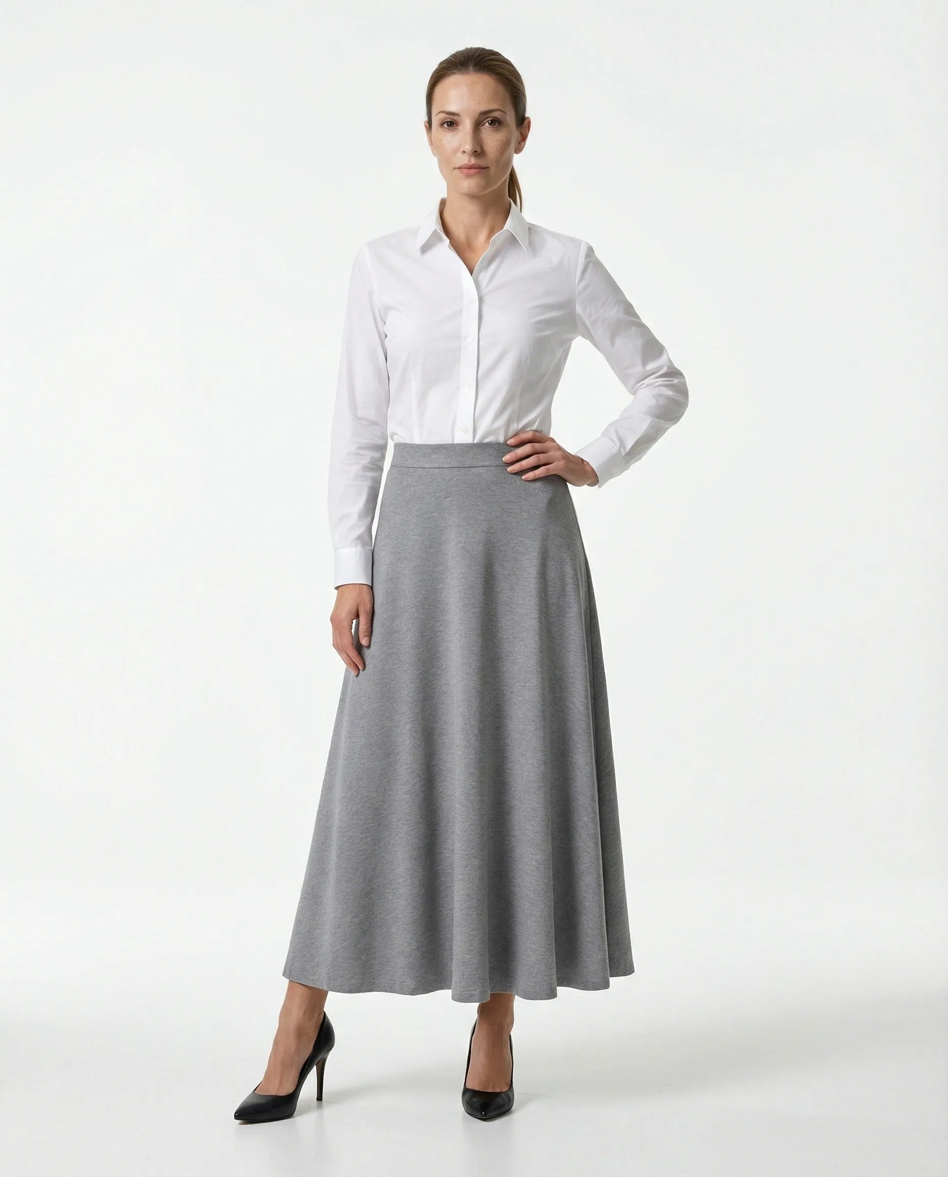 Elegant Brunello Cucinelli medium grey cotton blend long skirt, featuring a comfortable, flowy A-line design.