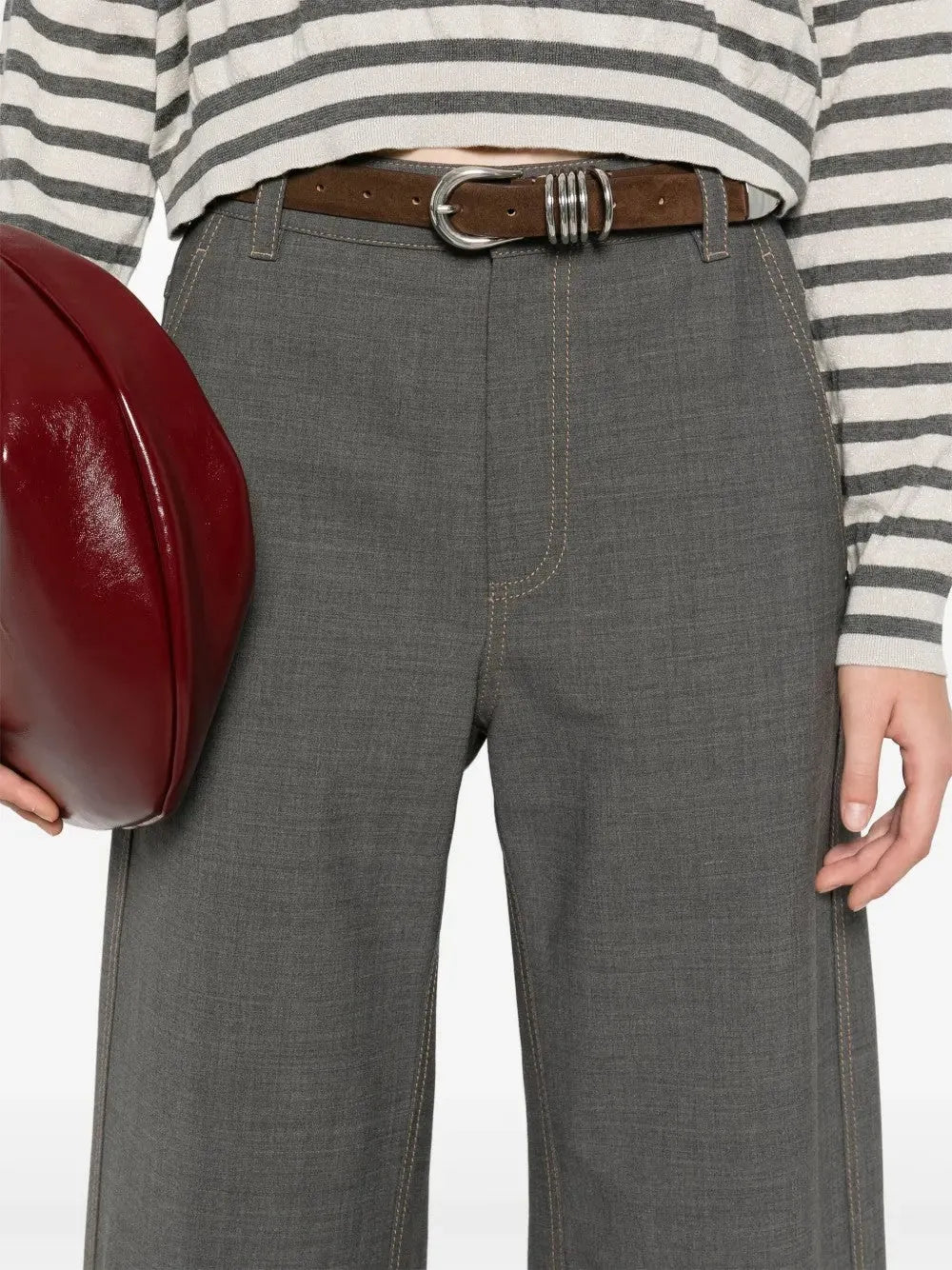Medium grey wool blend casual pants with tan contrast stitching and a brown belt.