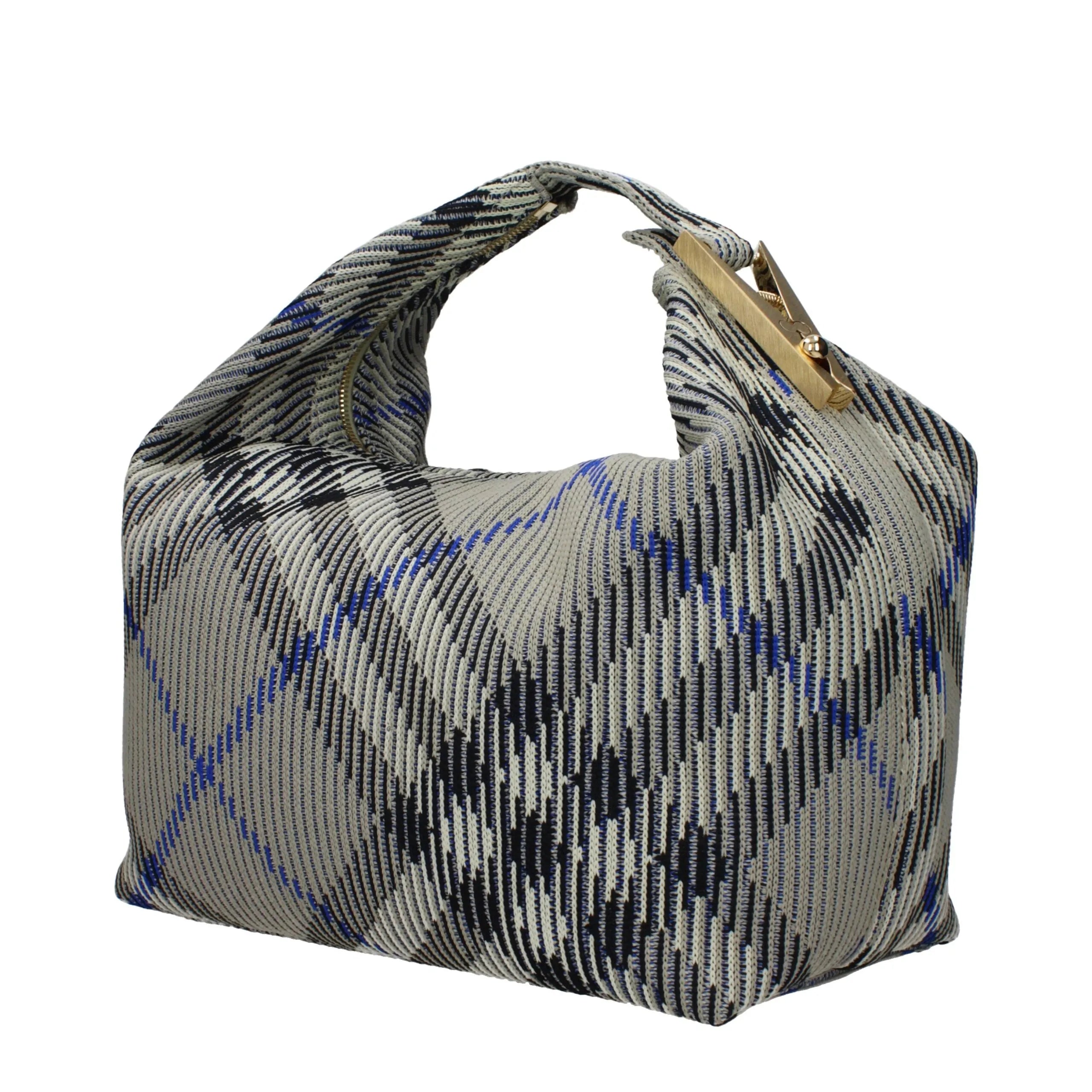 Burberry medium polyamide handbag in lichen grey with blue and black check print, top handle, and gold hardware.