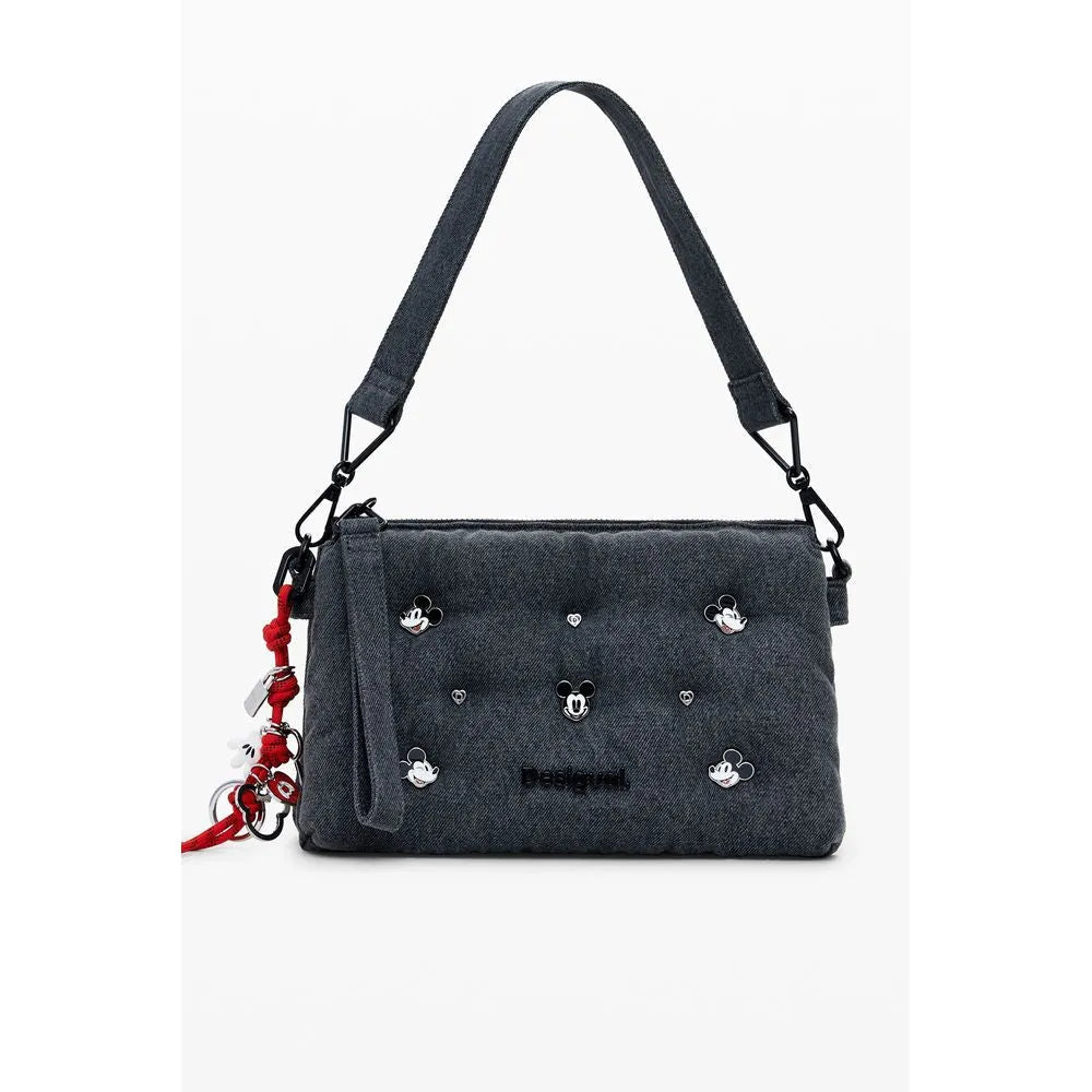 Grigio polyester women's handbag by Desigual, featuring Mickey Mouse studs, adjustable strap, and red charm.