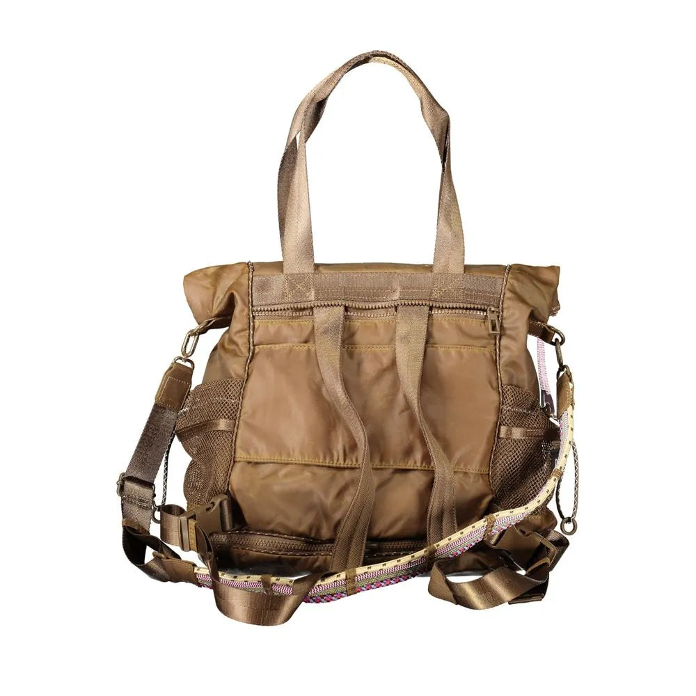 Marrone polyester woman's convertible backpack with multiple front zip pockets and a decorative patterned strap.