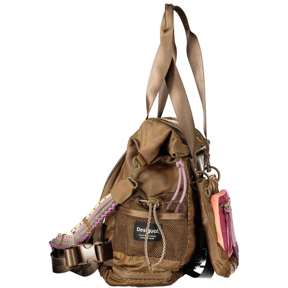 Marrone Poliestere Desigual woman backpack featuring a front mesh pocket, colorful woven strap, and striped detachable pouch.