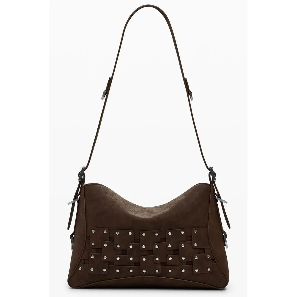 Marrone polyurethane women's shoulder bag with studded rectangular patch design and adjustable strap.