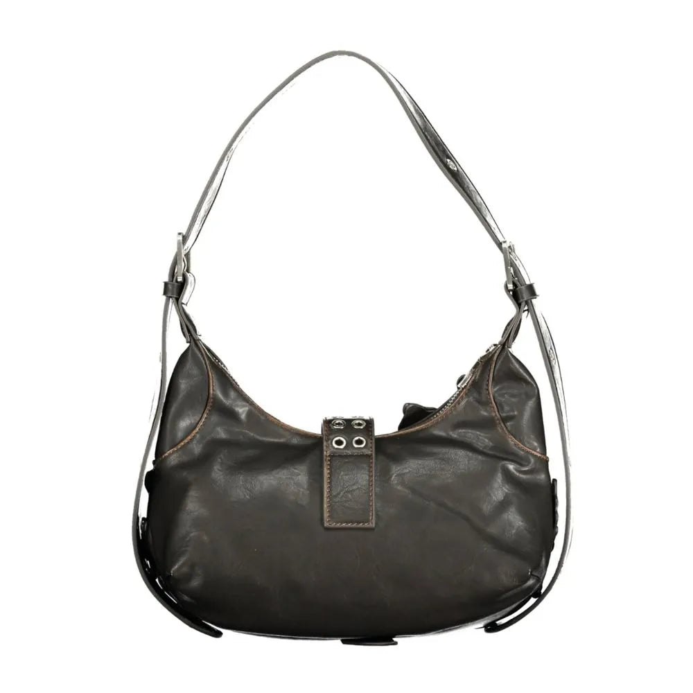 Marrone polyurethane women's hobo shoulder bag featuring an adjustable strap, front strap with silver rings, and contrast stitching.