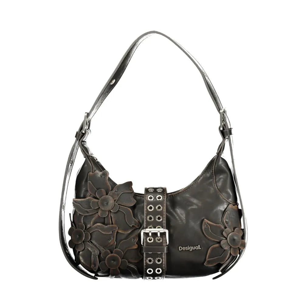 Marrone polyurethane Desigual women's shoulder bag with 3D floral appliques, a silver buckle, and an adjustable strap.