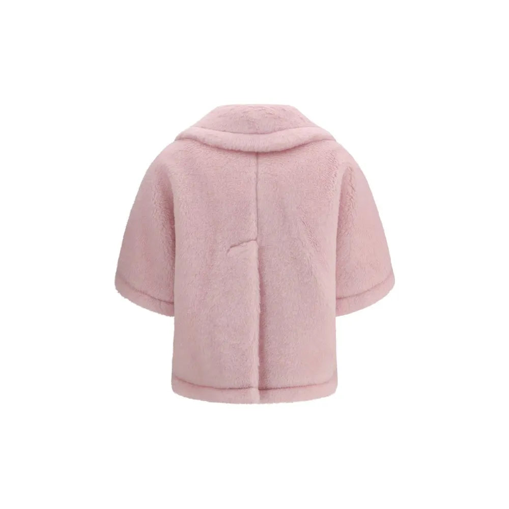 Soft pink alpaca wool blend short jacket featuring a wide collar and elbow sleeves.