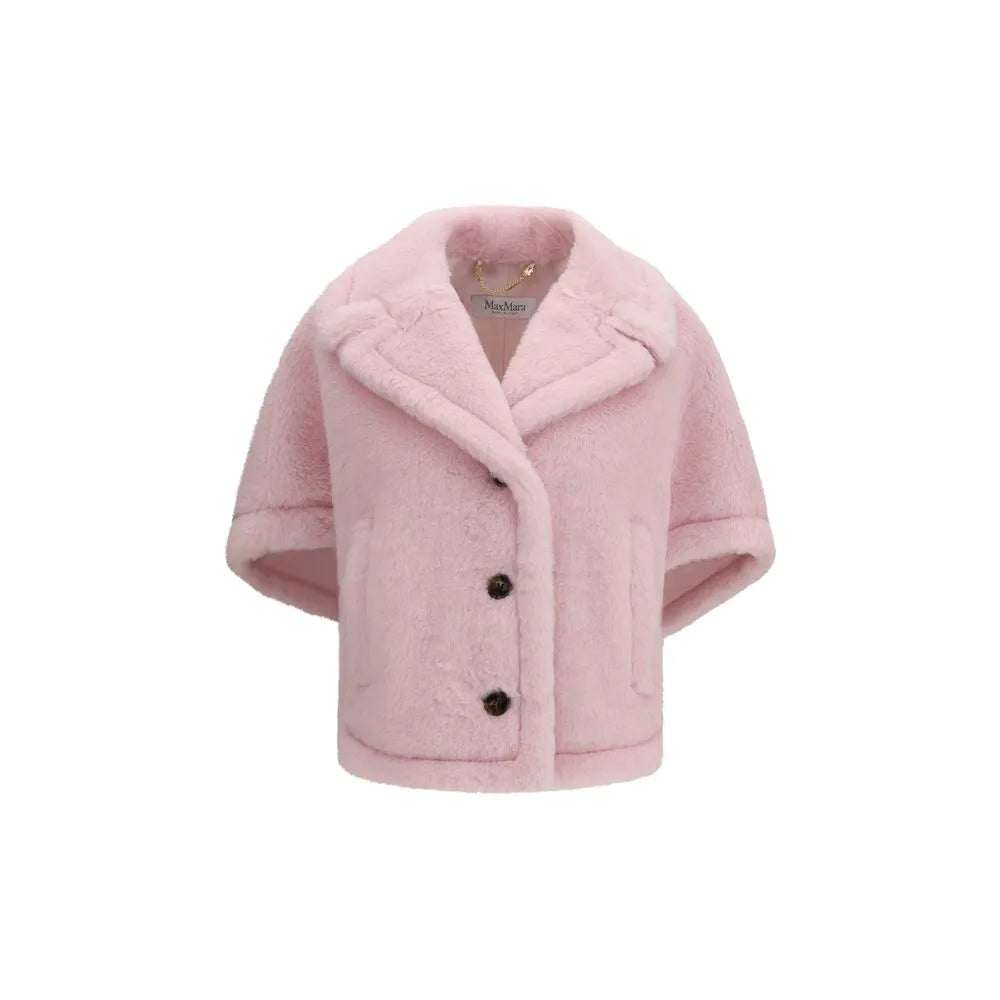 Pink alpaca wool blend short cape jacket with wide lapels and dark buttons.