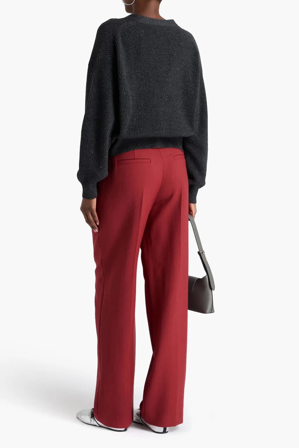 Red Brunello Cucinelli women's 100% wool wide-leg tailored pants, shown from behind.