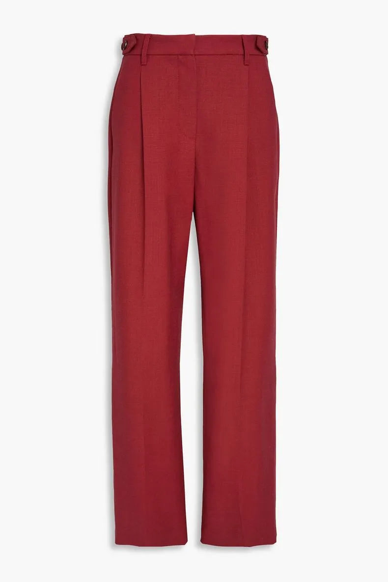 BRUNELLO CUCINELLI women's red wool tailored high-waisted pants with elegant front pleats.