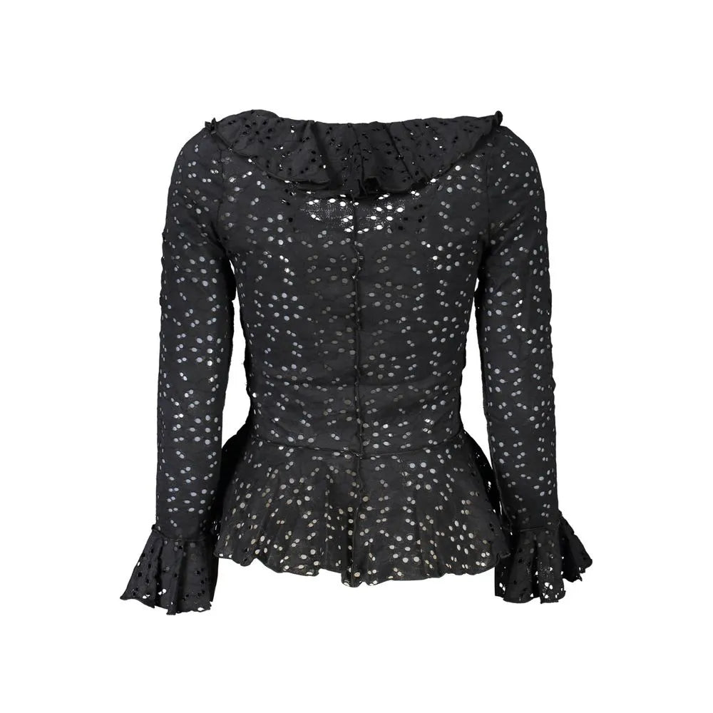 Nero long sleeve women's blouse with ruffled neckline, peplum hem, and all-over eyelet pattern.