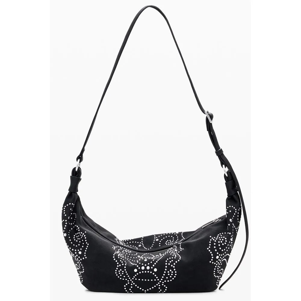 Black polyurethane women's hobo bag with intricate silver stud patterns and adjustable shoulder strap.