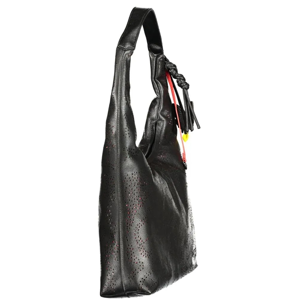 Black polyurethane women's hobo bag, perforated with red lining, and a black, red, yellow tassel charm.