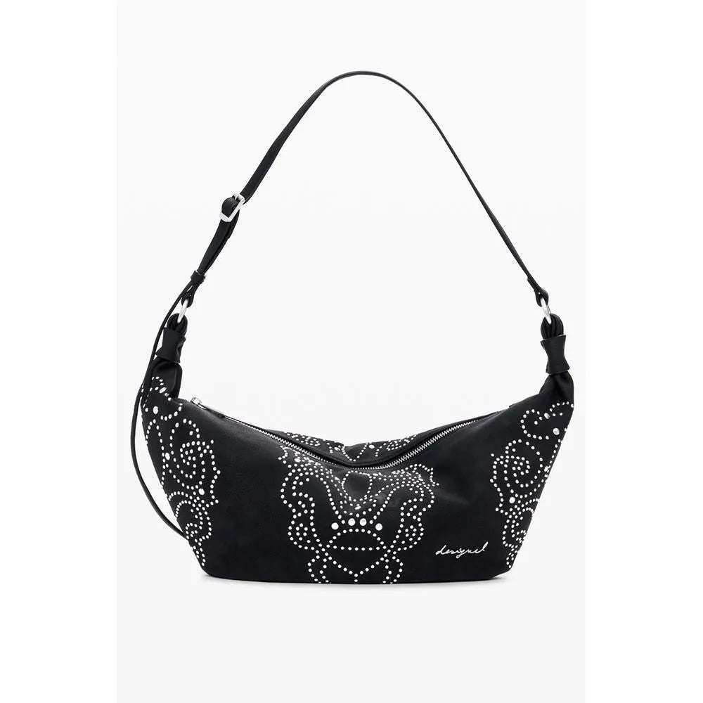 Black polyurethane women's Desigual hobo bag with white studded patterns, adjustable strap, and zip closure.