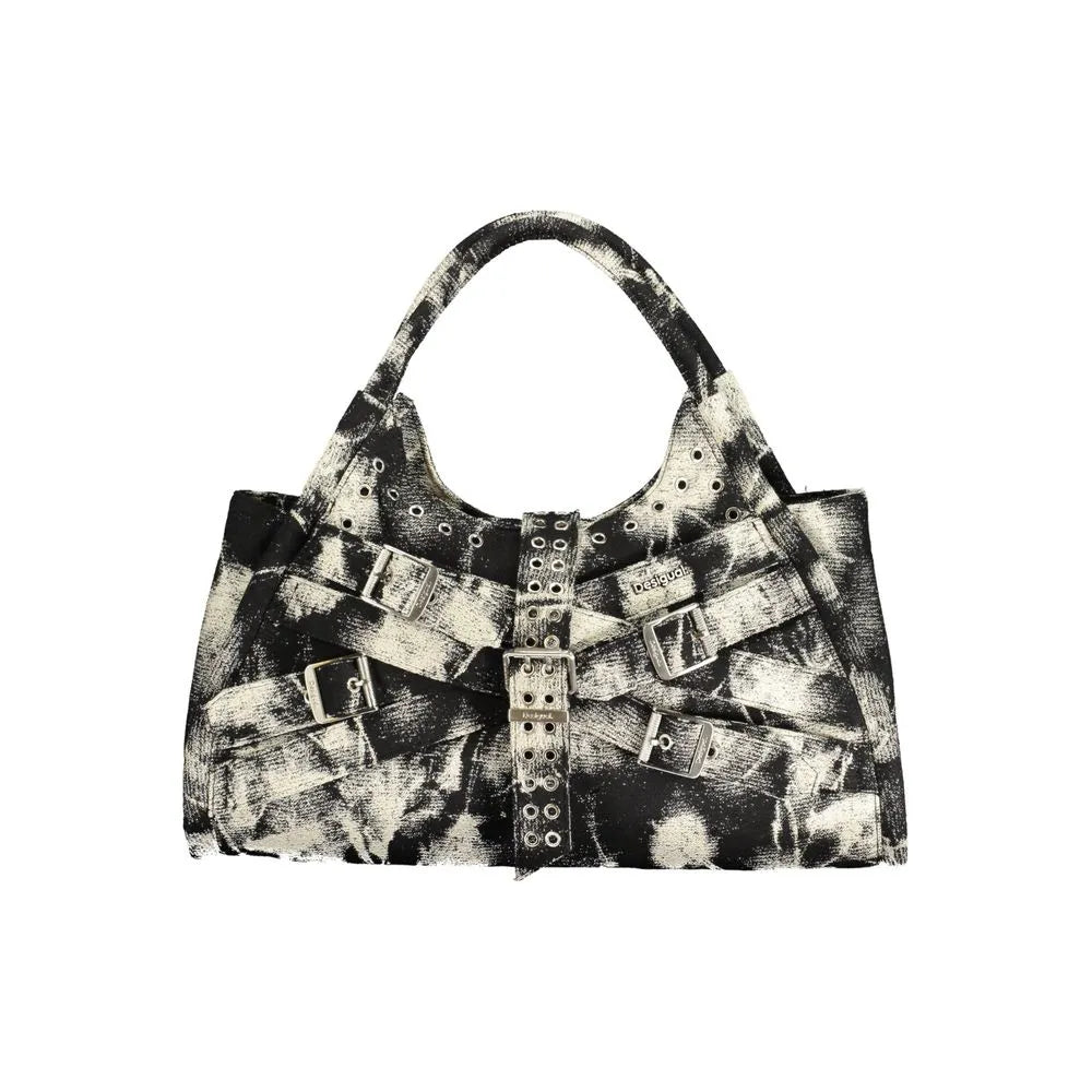 Desigual Nero women's handbag with distressed black and white pattern, multiple buckle straps, and eyelet details.