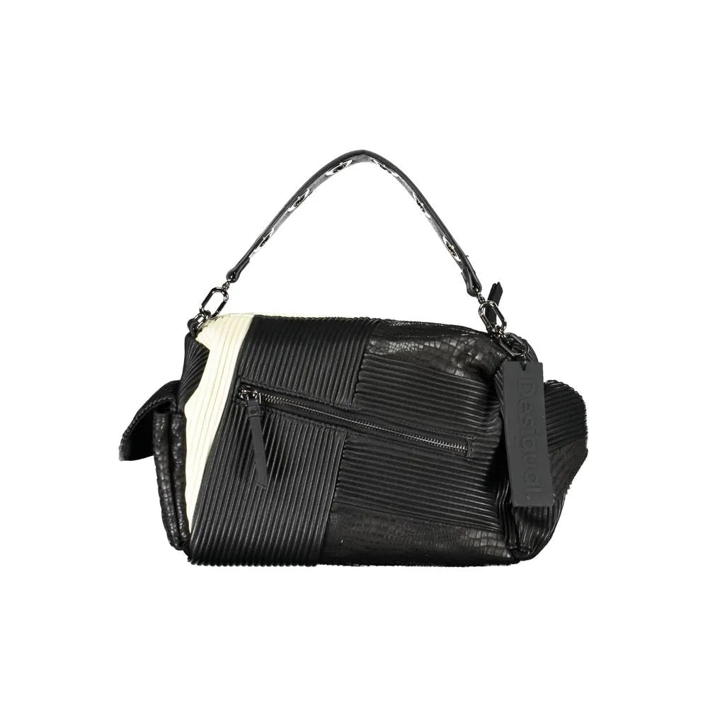 Desigual Nero polyurethane handbag with white contrast stripe, ribbed texture, chain handle, and front zip pocket.