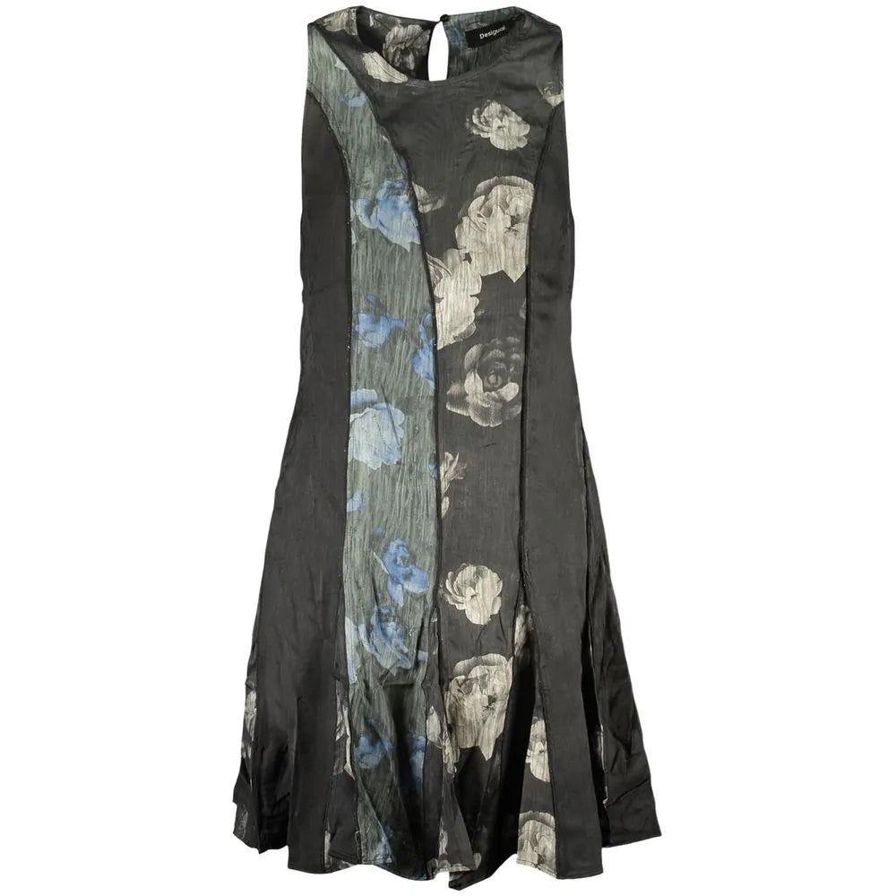 Nero Viscosa women's dress with blue and grey floral Desigual print, crew neck, and wide straps.