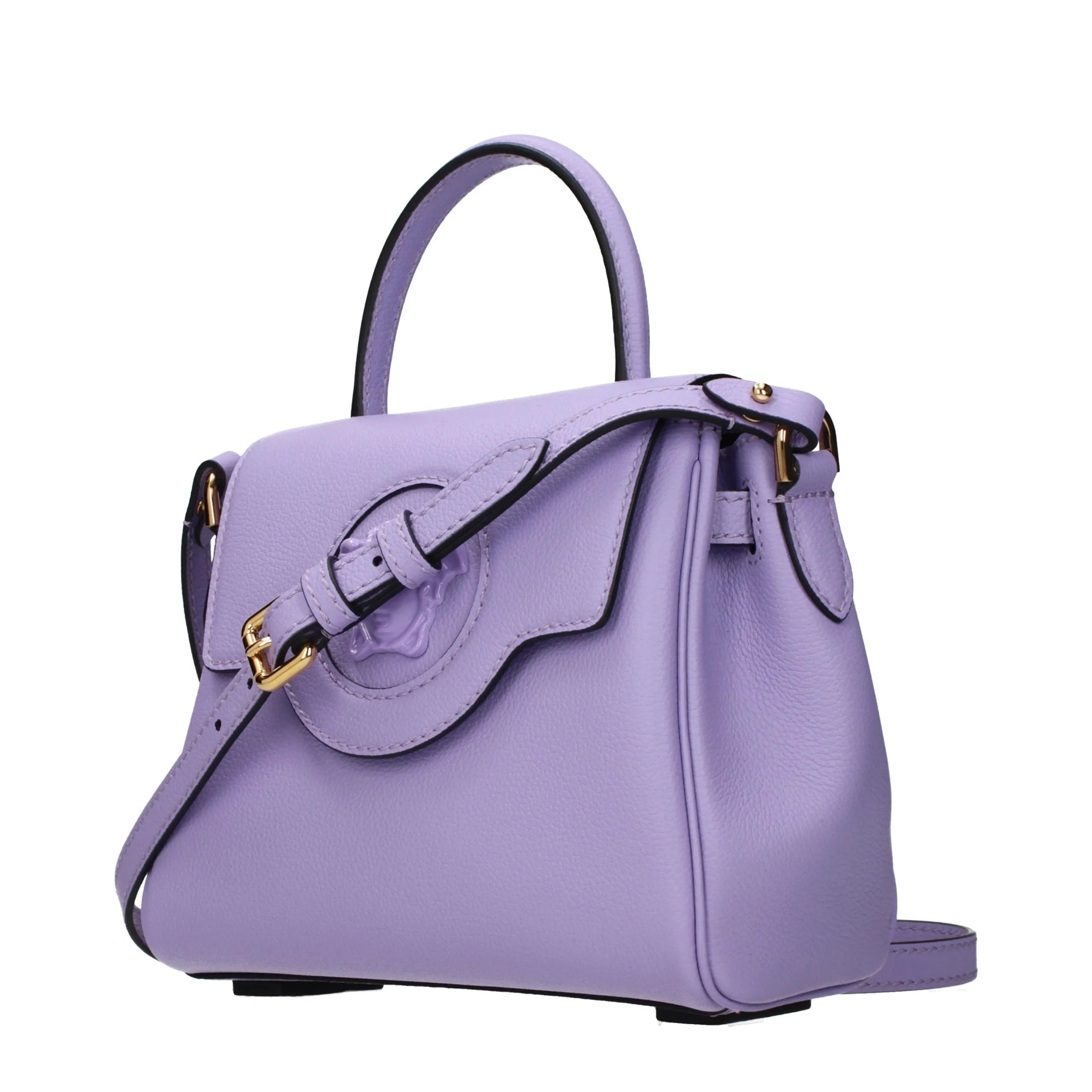 Versace lavender pebbled leather handbag with top handle, gold Medusa buckle, and adjustable shoulder strap.